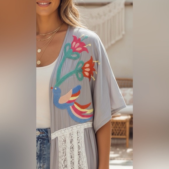 Judith March Sweaters - Judith March Bird Embroidered Lace Trim Maxi Duster Kimono L Grey Boho Festival